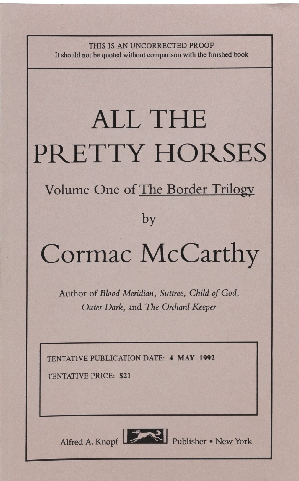 All the Pretty Horses First print cover