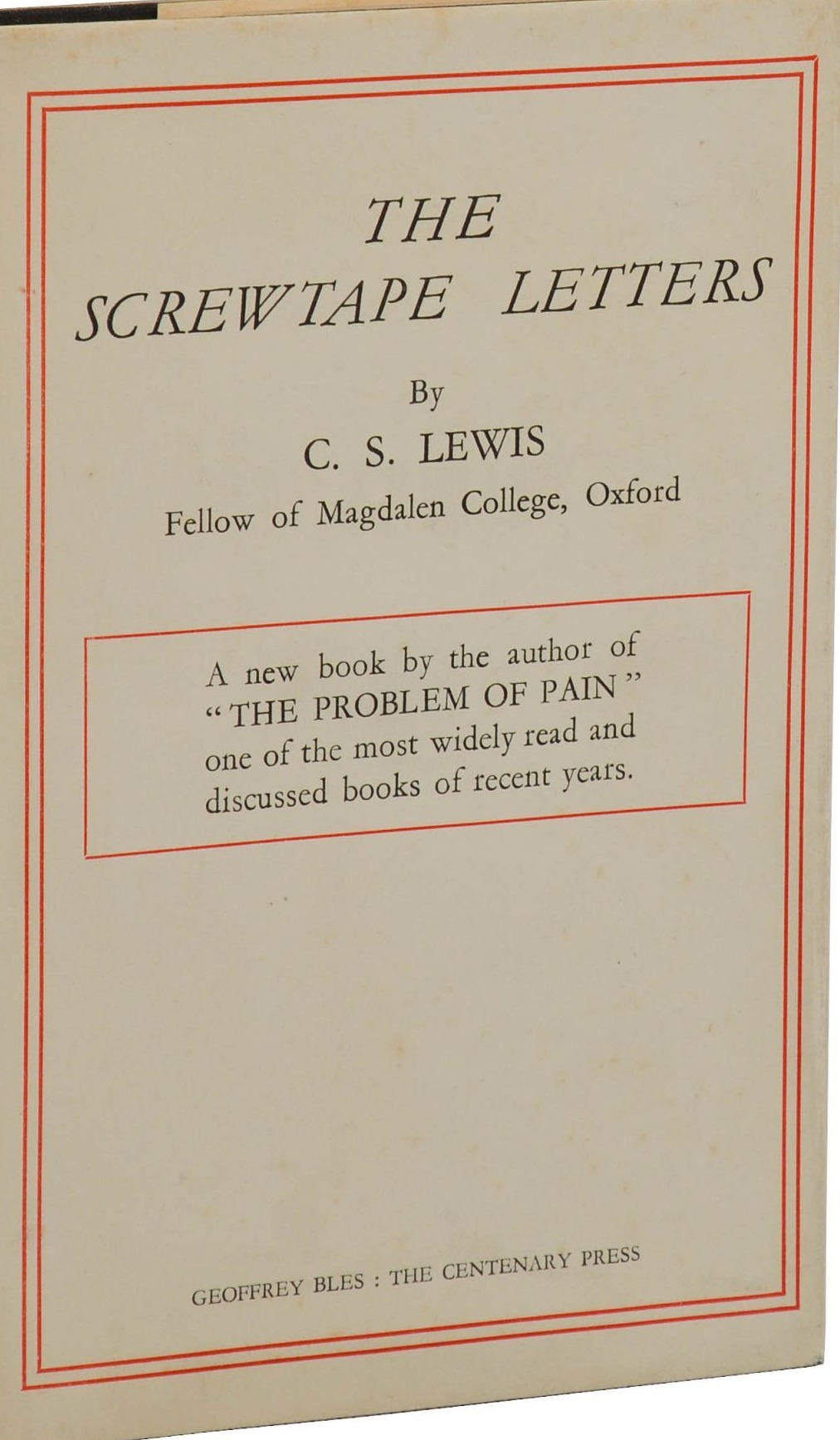The Screwtape Letters first edition, first impression (Geoffrey Bles, 1942) dust jacket